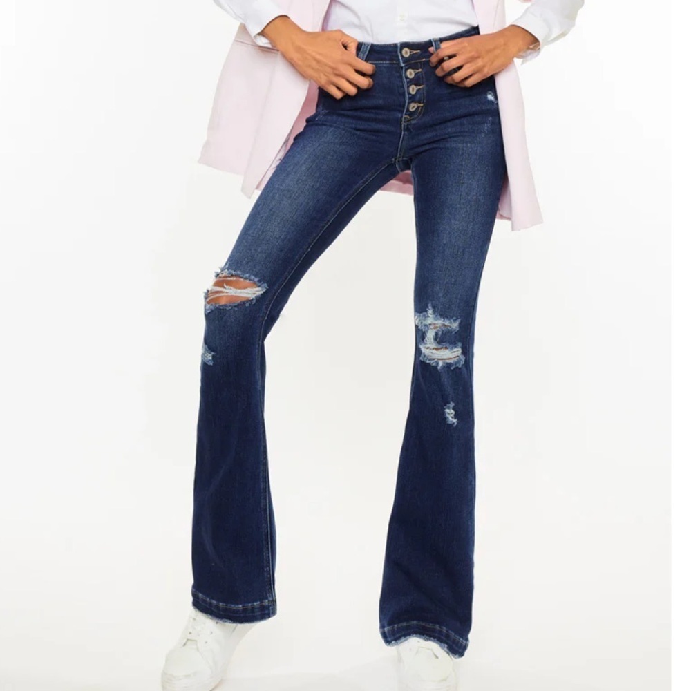 KanCan Harlow Mid Rise Button Fly Flare Jeans Distressed Dark Wash 13 30